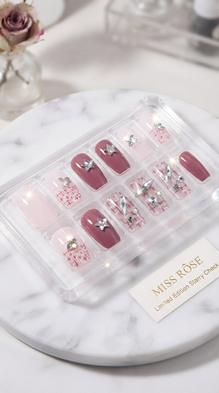 MISS ROSE Press-On Nails - Mauve Tweed Check & Star Rhinestones
