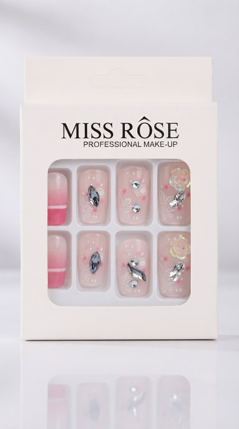 MISS ROSE Press-On Nails - Floral Art & Crystal Gems