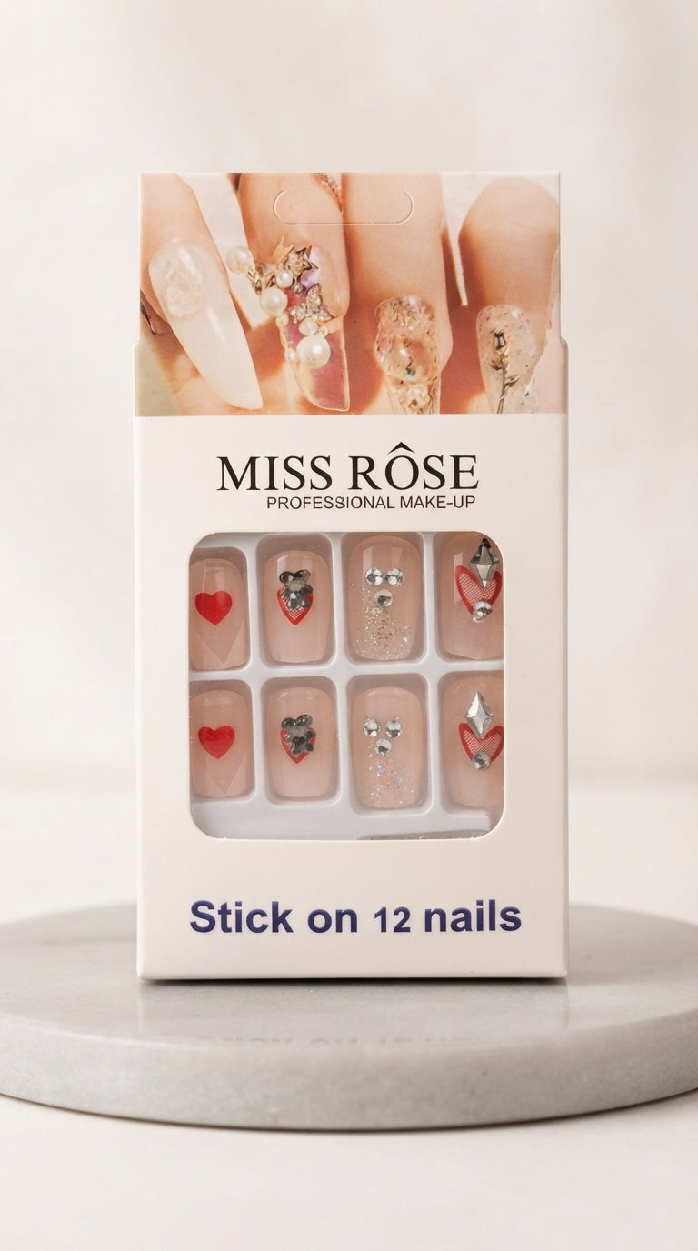 MISS ROSE Press-On Nails - Nude Base Red Hearts