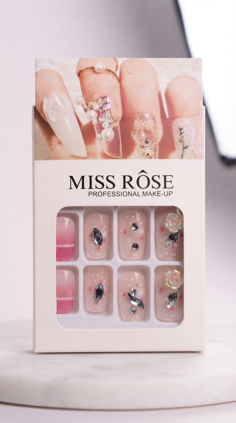 MISS ROSE Press-On Nails - Pink Floral & 3D Rhinestones