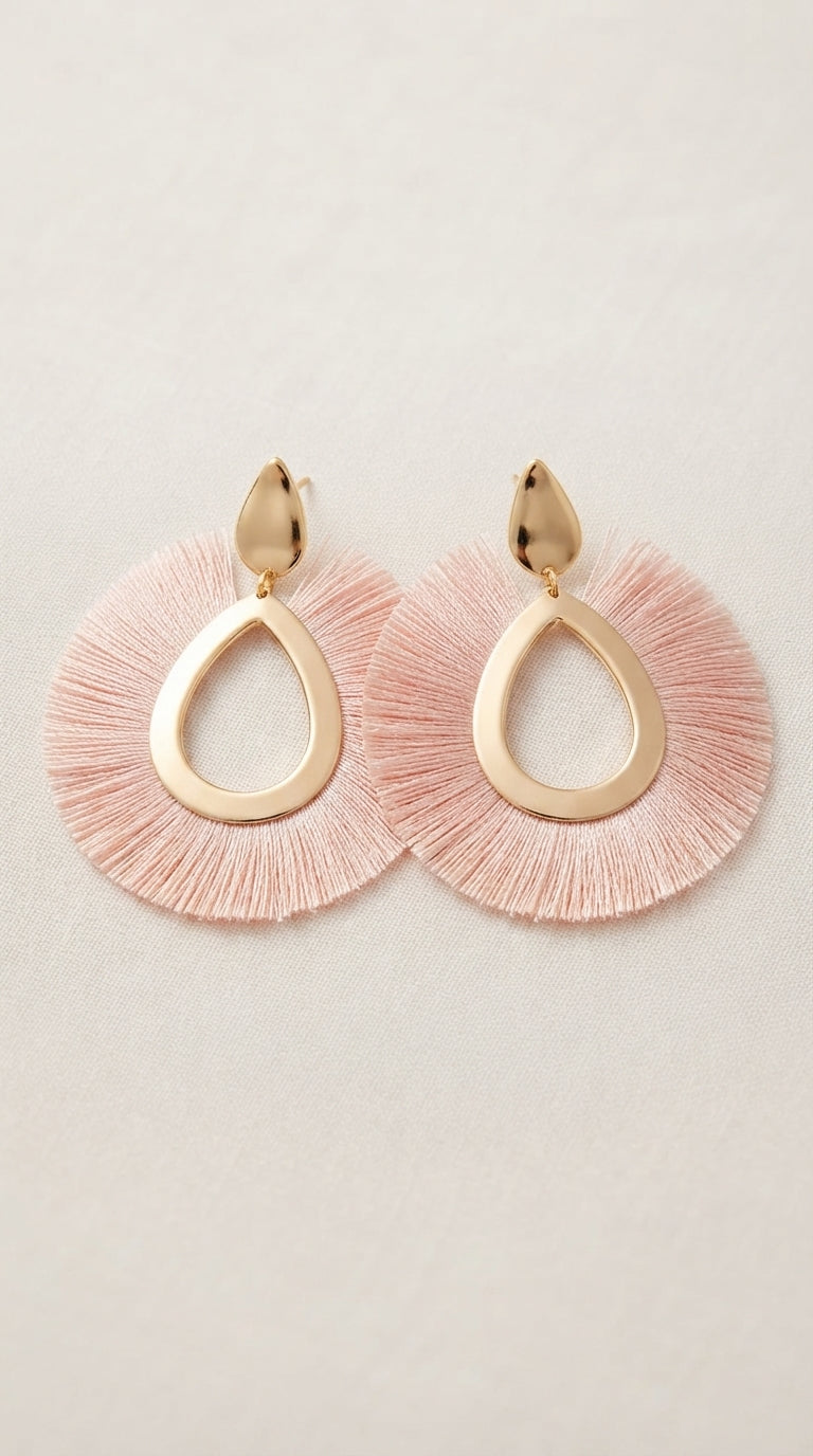 Boho Teardrop Tassel Earrings in Gold and Blush Pink