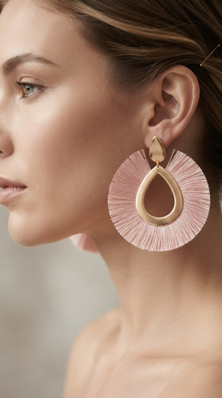 Boho Teardrop Tassel Earrings in Gold and Blush Pink — view 2