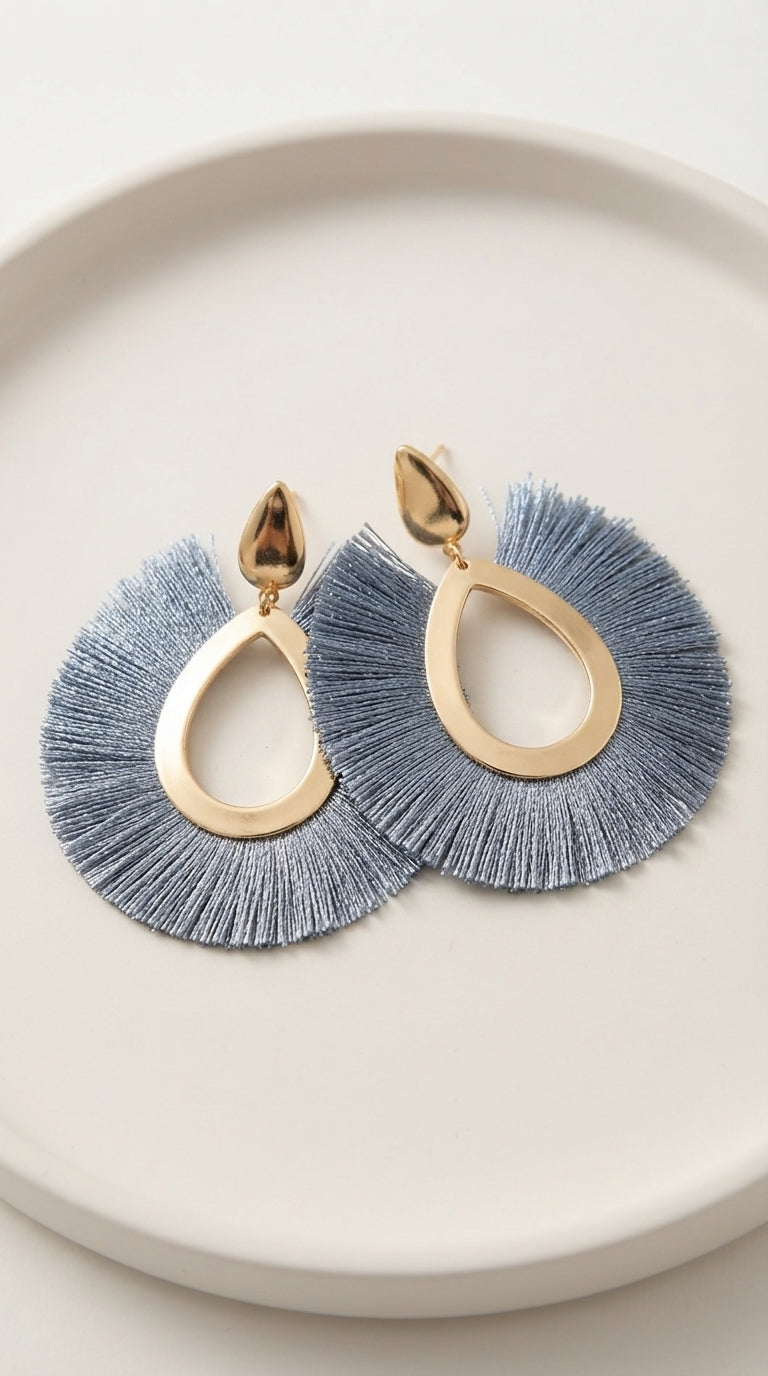 Boho Teardrop Tassel Earrings in Gold and Grey