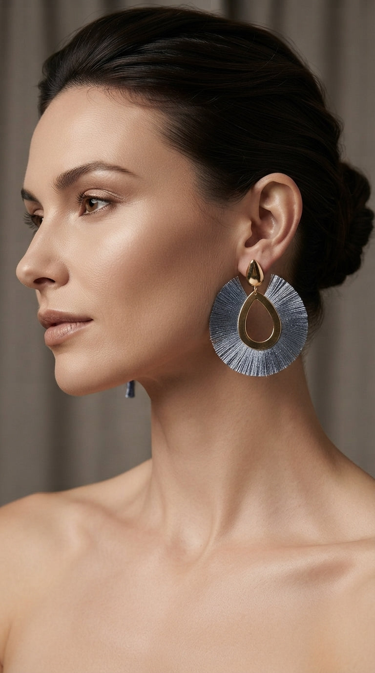 Boho Teardrop Tassel Earrings in Gold and Grey — view 2