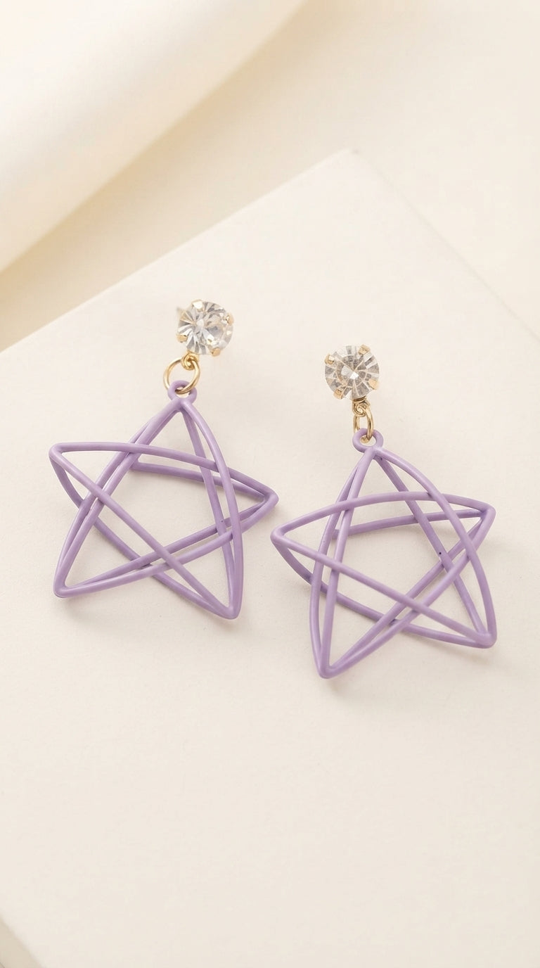 Lilac Purple 3D Wire Star Drop Earrings