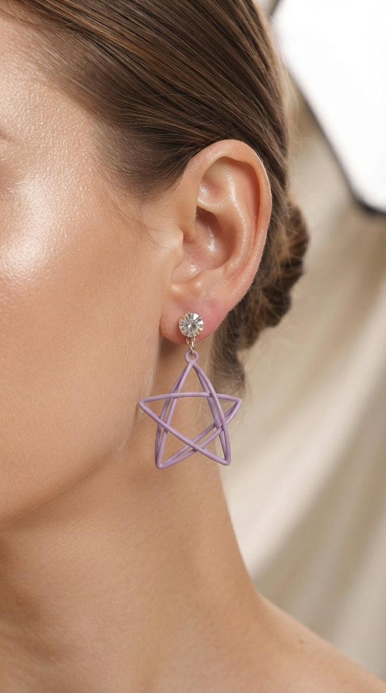 Lilac Purple 3D Wire Star Drop Earrings — view 2