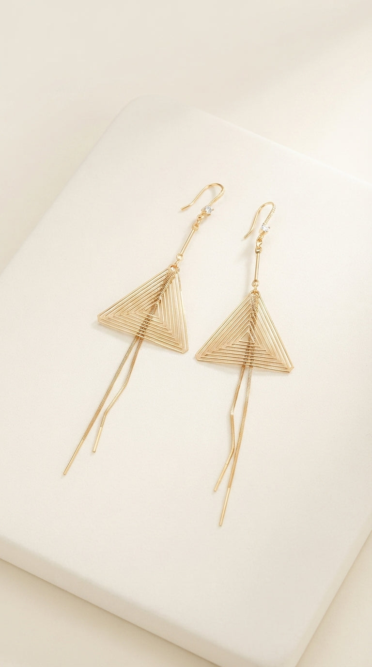 Gold Geometric Triangle Drop Earrings with Chain Tassels