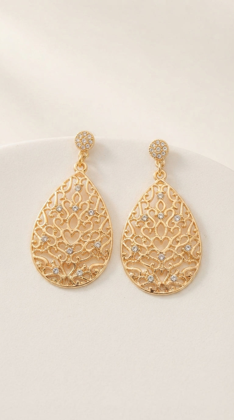 Vintage Gold Filigree Teardrop Earrings with Rhinestones