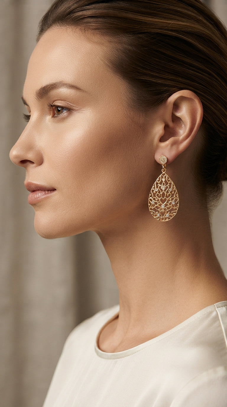 Vintage Gold Filigree Teardrop Earrings with Rhinestones — view 2