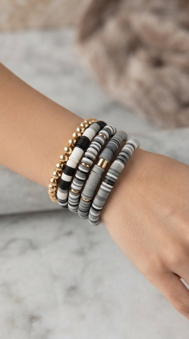 Heishi and Gold Ball Stacking Bracelets, set of 6