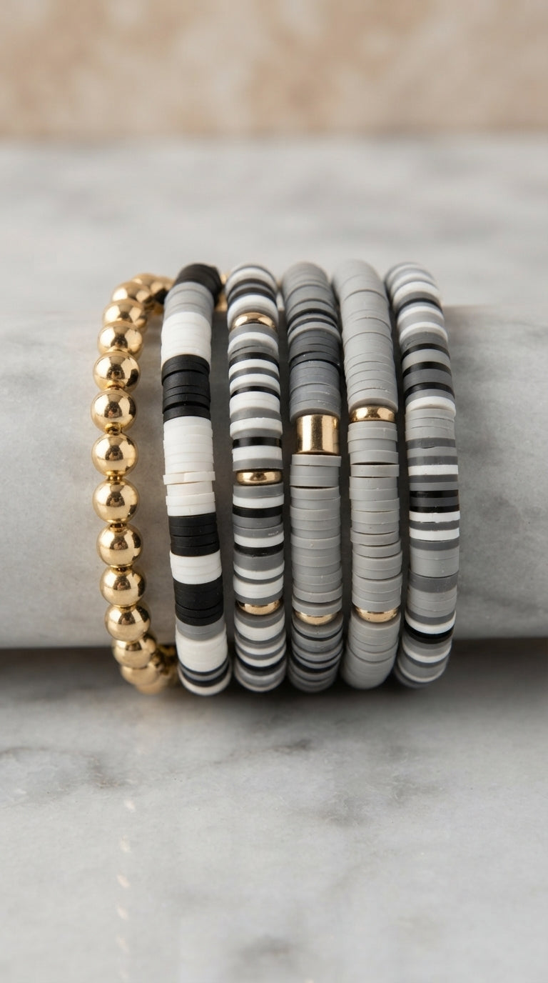 Heishi and Gold Ball Stacking Bracelets, set of 6 — view 2